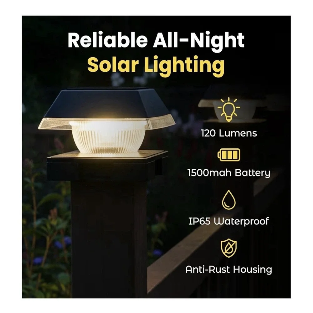 BRIGHTICONIC Solar Post Cap LED Light 2 Pack Black 120 Lumen Dual Mode IP65 New